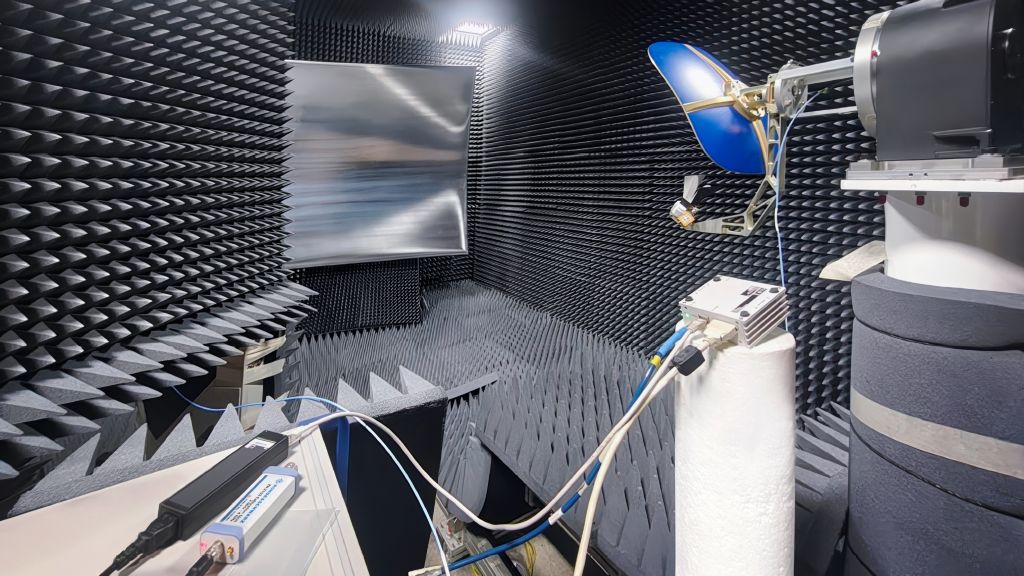 DUT mounted on the positioner facing the CATR reflector