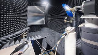 DUT mounted on the positioner facing the CATR reflector