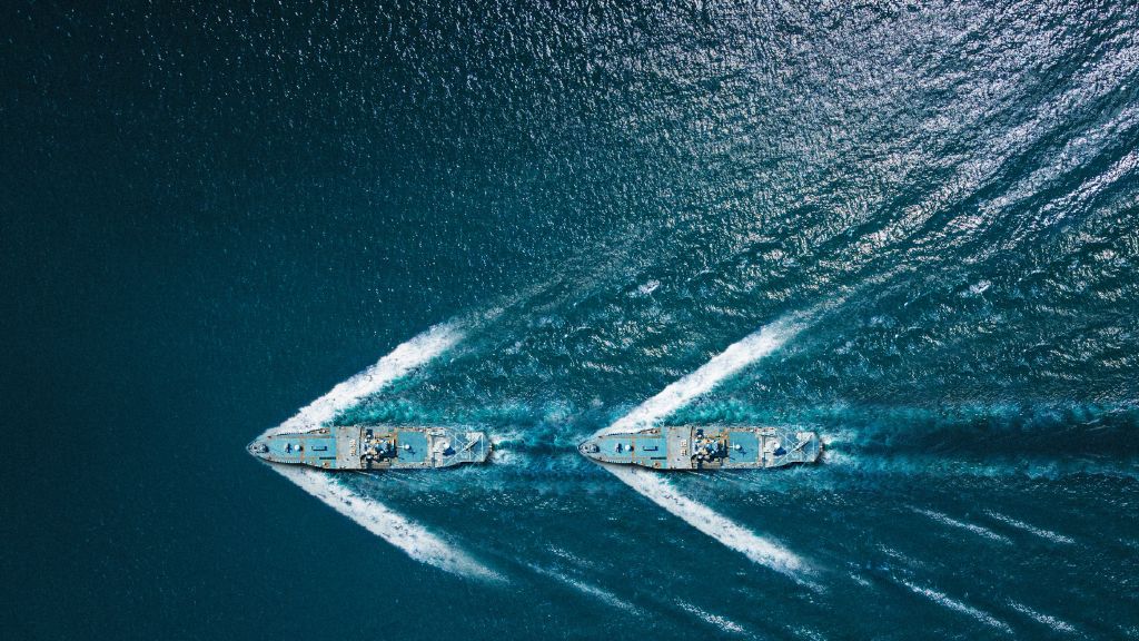 top view: 2 warships at sea 