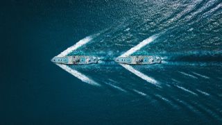 top view: 2 warships at sea  top view: 2 warships at sea