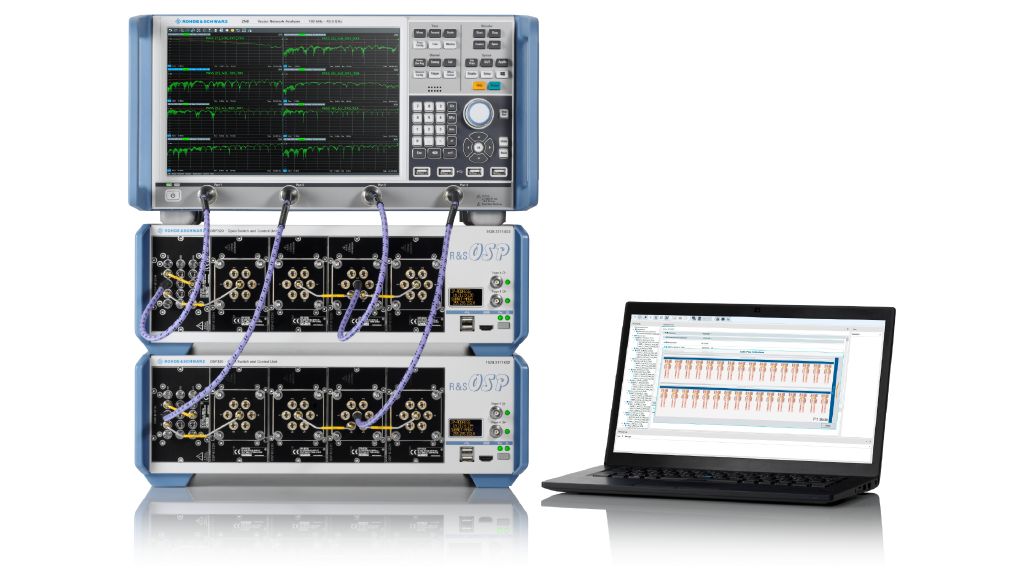 Rohde & Schwarz solution for fully automated compliance testing of high speed cables using the R&S®ZNB vector network analyzer and two R&S®OSP320 open switch and control units controlled by the R&S®ZNrun software suite.