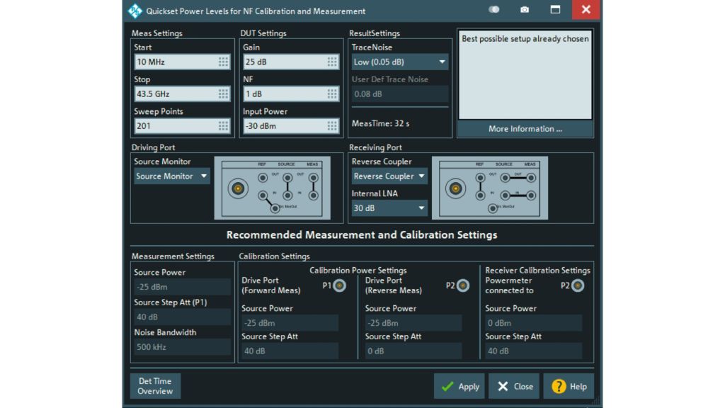 “Quickset” noise figure menu with recommendations for best measurement setup using available instrument hardware configurations and test conditions.