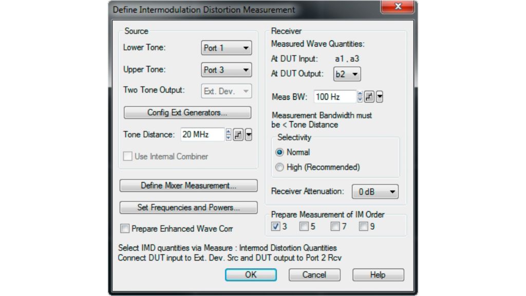 ZVA intermodulation measurement configuration menu