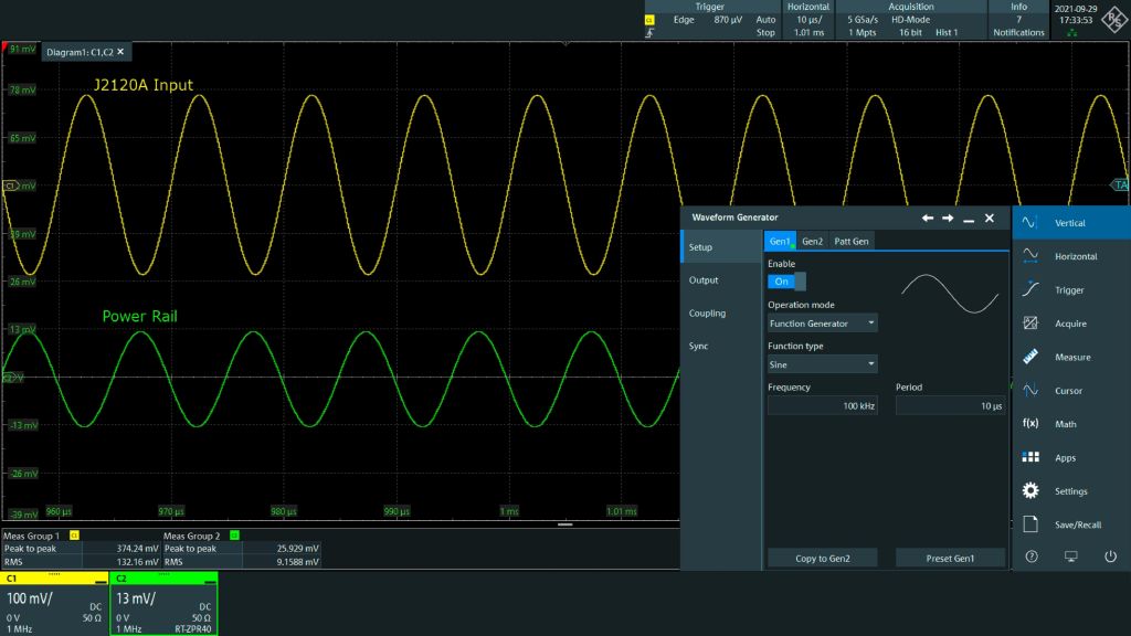Livellamento del disturbo della linea di alimentazione iniettata a 10 mV RMS. Un attenuatore di 20 dB è utilizzato all'uscita del generatore di forme d'onda R&S®RTP-B6 per una maggiore risoluzione.