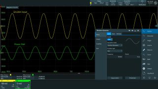 Leveling of the injected power rail disturbance to 10 mV RMS. A 20 dB attenuator is used at the output of the R&S®RTP-B6 waveform generator for higher resolution. Leveling of the injected power rail disturbance to 10 mV RMS. A 20 dB attenuator is used at the output of the R&S®RTP-B6 waveform generator for higher resolution.