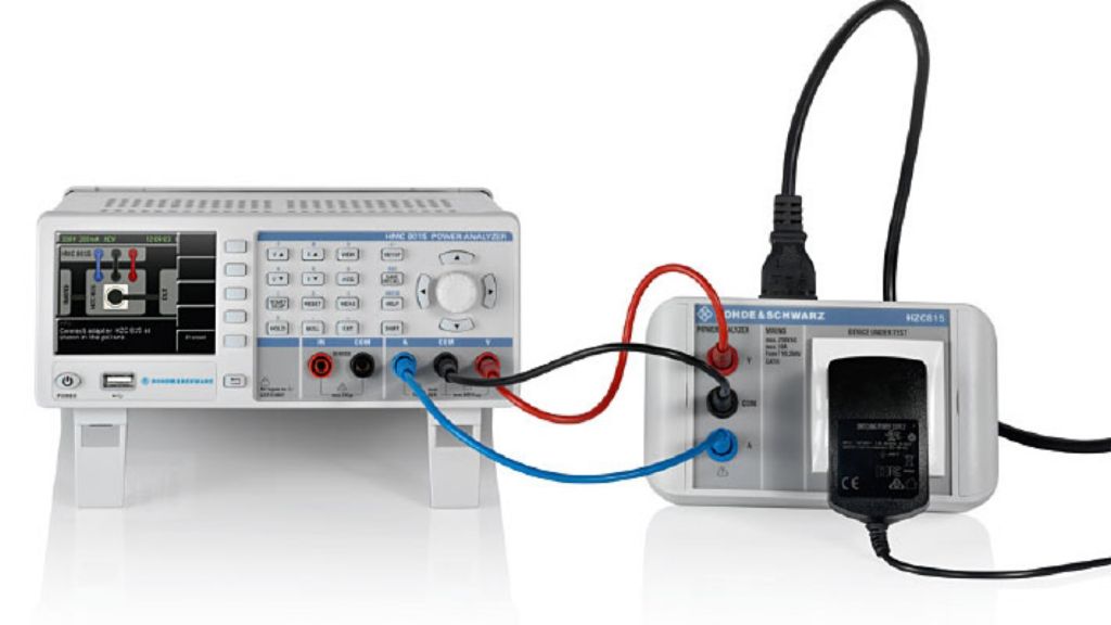 Typical test setup with the R&S®HMC8015 power analyzer and the R&S®HZC815 socket adapter