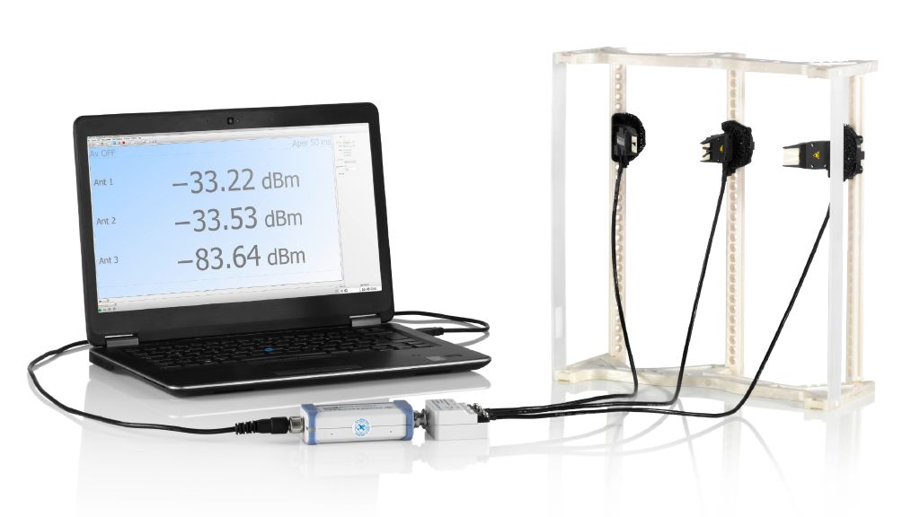 R&S®NRPM-A90 Antenna Module 3개와 R&S®NRMP-Z3 Interface Module, R&S®NRPM3 Sensor Module, R& S®NRP-ZKU USB Interface Cable(모니터링 PC 없이 신호를 직접 판독하기 위한 용도)을 이용한 OTA 파워 센서 셋업