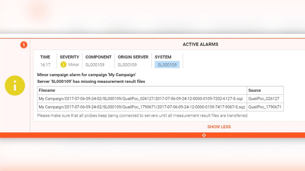 Alarm showing missing measurement files