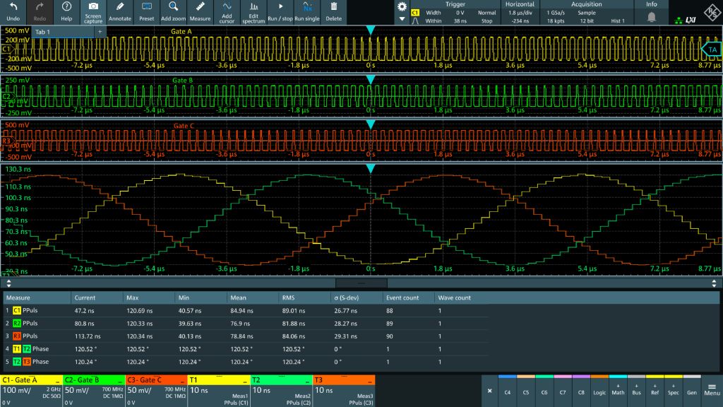 Un oscilloscopio MXO con la funzione traccia può visualizzare separatamente i segnali PWM in diverse tracce per l'analisi