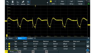Meaurement of a 1.5 V power rail using an R&S®RT-ZPR20 1:1 active power rail probe (–38.3 mV (Vpp)). The captured waveform includes higher frequency transients riding on the rail. Meaurement of a 1.5 V power rail using an R&S®RT-ZPR20 1:1 active power rail probe (–38.3 mV (Vpp)). The captured waveform includes higher frequency transients riding on the rail.