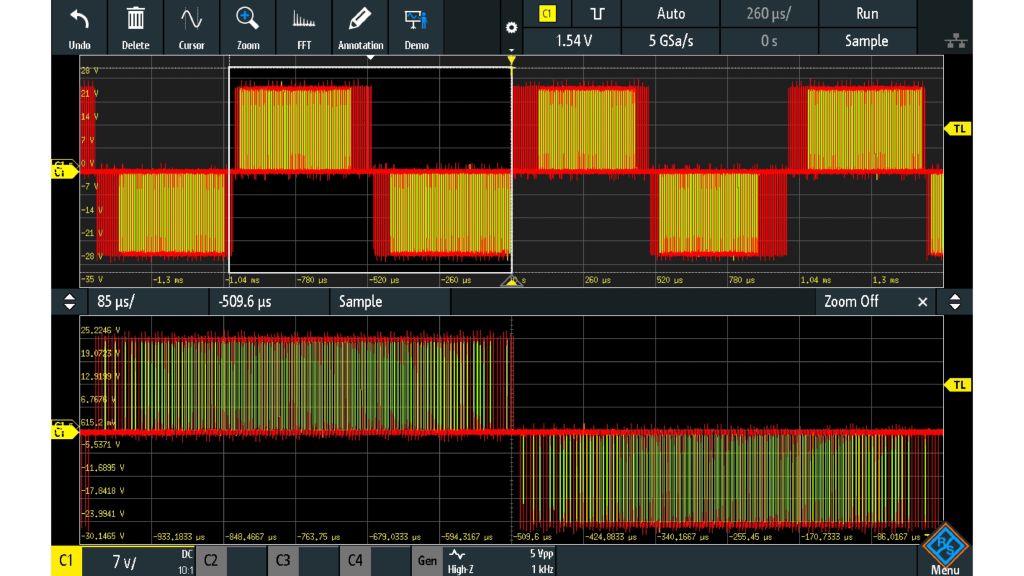 Bipolar PWM signal captured with width trigger on negative going pulse
