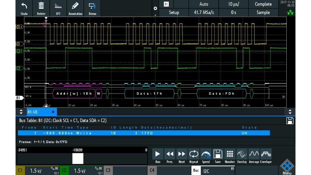 Decoded I²C signal with analog waveforms on the R&S®RTM3000.