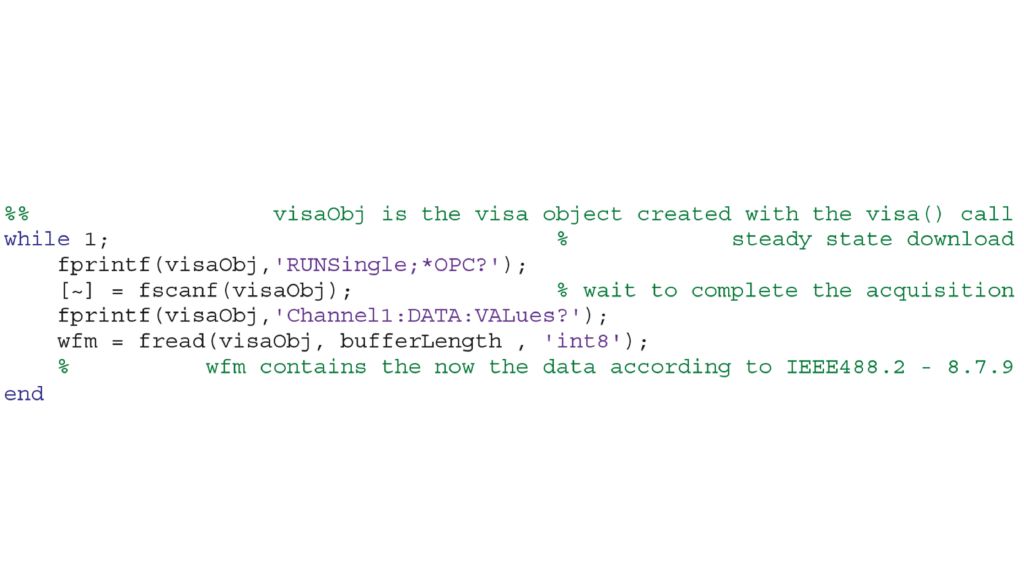 Exemple pour le téléchargement SCPI de la voie 1 dans MATLAB®.