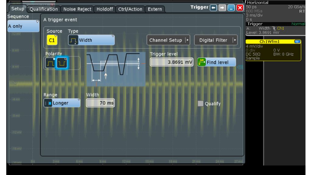 Abb. 5: Einstellungen des Breiten-Triggers, um auf den Beginn des ersten Chirp-Signals in der Chirp-Signalfolge zu triggern.