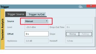Fig. 1: Configuration of the manual trigger mode in R&S®VSE-K60 transient analysis option. Fig. 1: Configuration of the manual trigger mode in R&S®VSE-K60 transient analysis option.