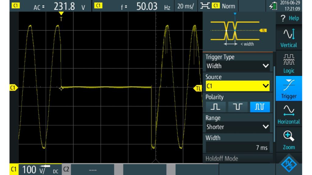 Dedicated trigger functions, for example the width trigger, allow to isolate unwanted events like supply voltage dips.