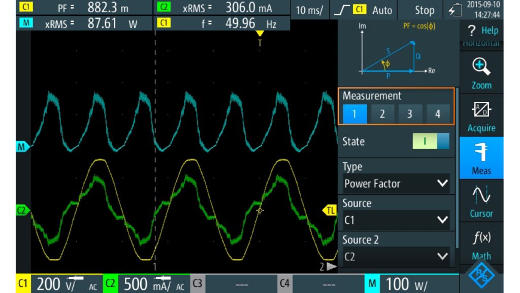 Power factor measurement of an electronic load with automatic measurement functions.