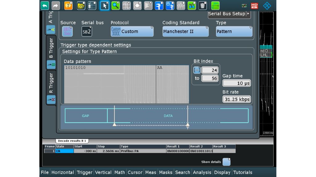 Fig. 4: Trigger setup dialog showing serial pattern trigger capability set to trigger on a specific trigger in the data field of the Profibus PA telegram.