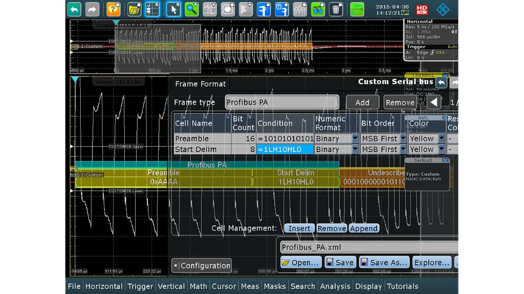 Fig. 3: Protocol frame dialog with partially defined Profibus PA frame (preamble, start delimiter). The remaining parts of the telegram are not yet described in the frame dialog.