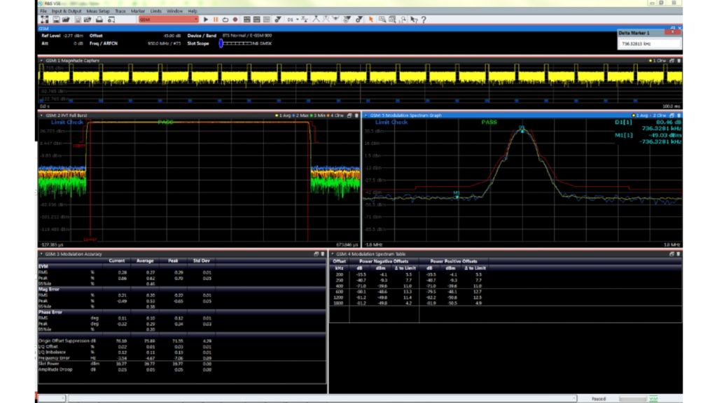 Analysis of a GSM signal with the R&S®VSE vector signal explorer software.