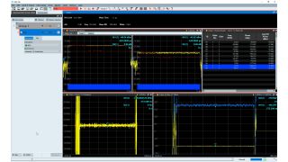 Fig. 4: Main analysis view of the R&S®VSE-K6A multichannel pulse analysis option. The phase difference can be determined either via markers (bottom right window) or from the values in the results table (top right window). Fig. 4: Main analysis view of the R&S®VSE-K6A multichannel pulse analysis option. The phase difference can be determined either via markers (bottom right window) or from the values in the results table (top right window).