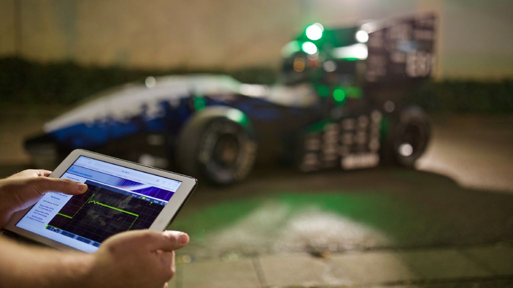 Oscilloscopes are also at home in unusual situations, such as testing the electronics of a race car.