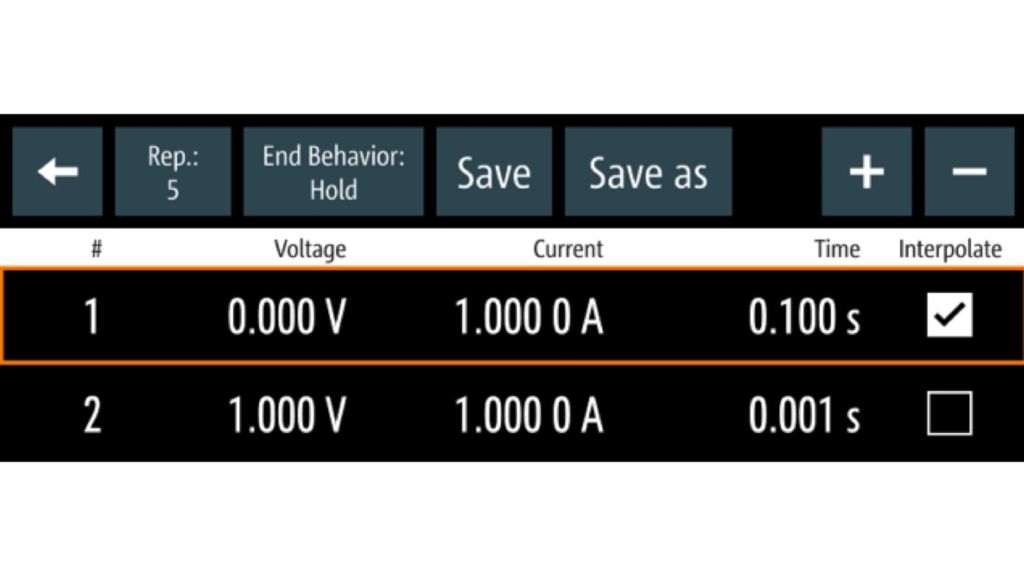 Example of the QuickArb editor interface in the R&S®NGM200 power supply series
