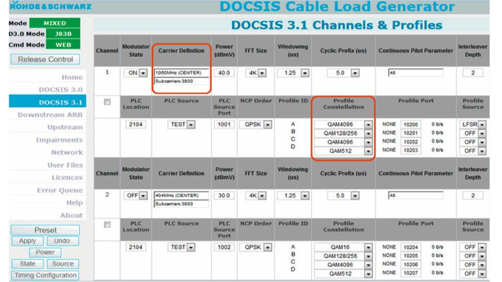 R&S®CLGD GUI for setting up DOCSIS 3.1 channels.