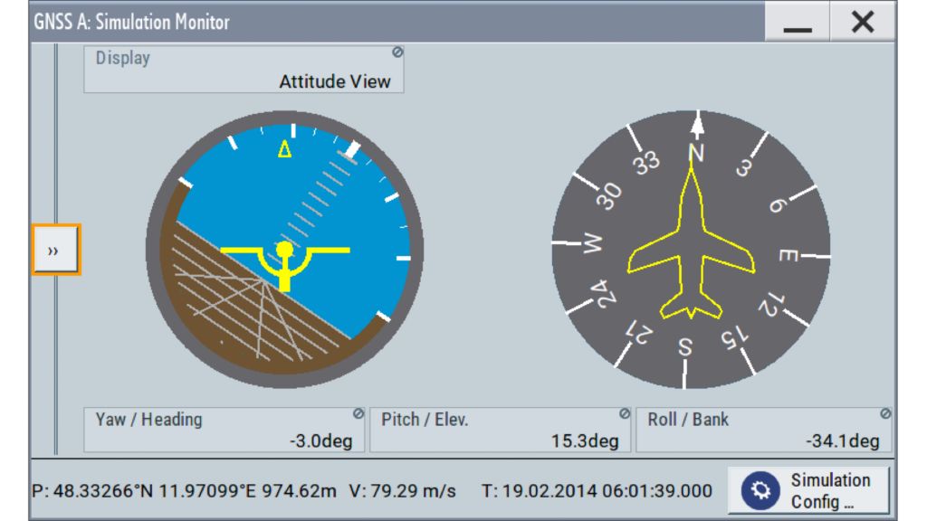Interface utilisateur graphique du simulateur GNSS : indication instantanée de l'assiette de vol.