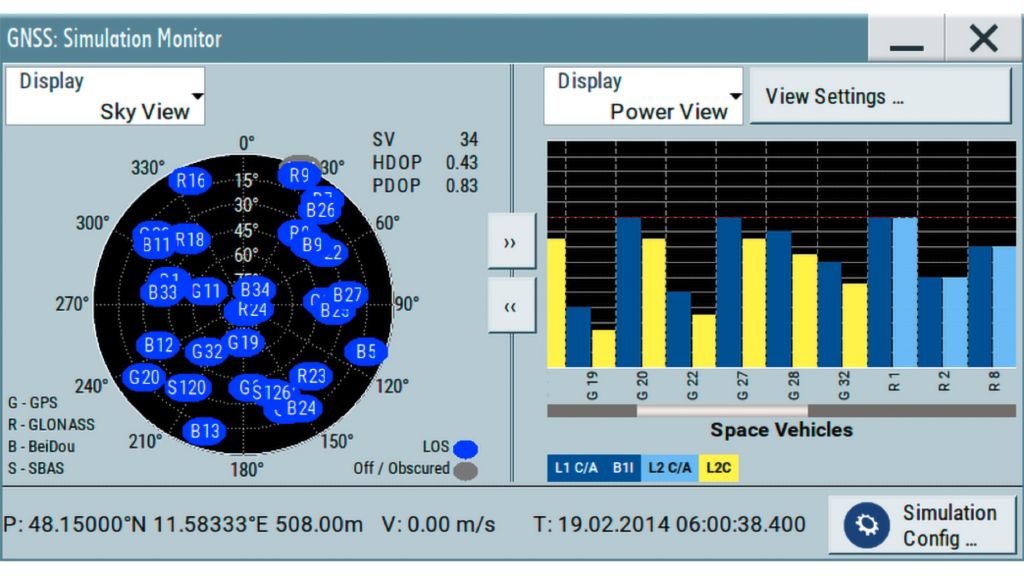 GNSS constellations and satellite power levels can be observed on the built-in simulation monitor.