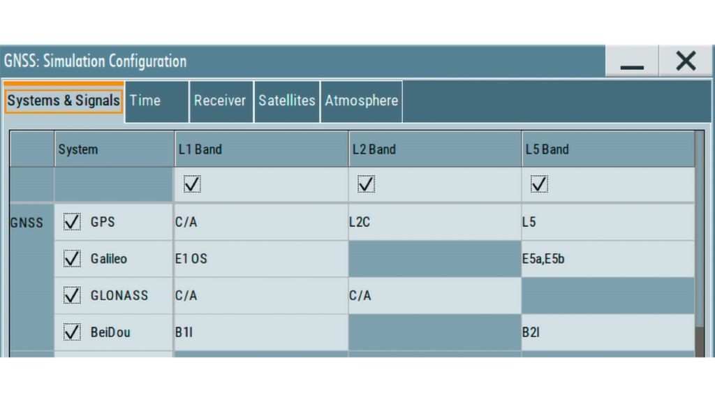 Multi-constellation, multi-frequency scenarios can be configured with the GNSS simulator of the R&S®SMBV100B