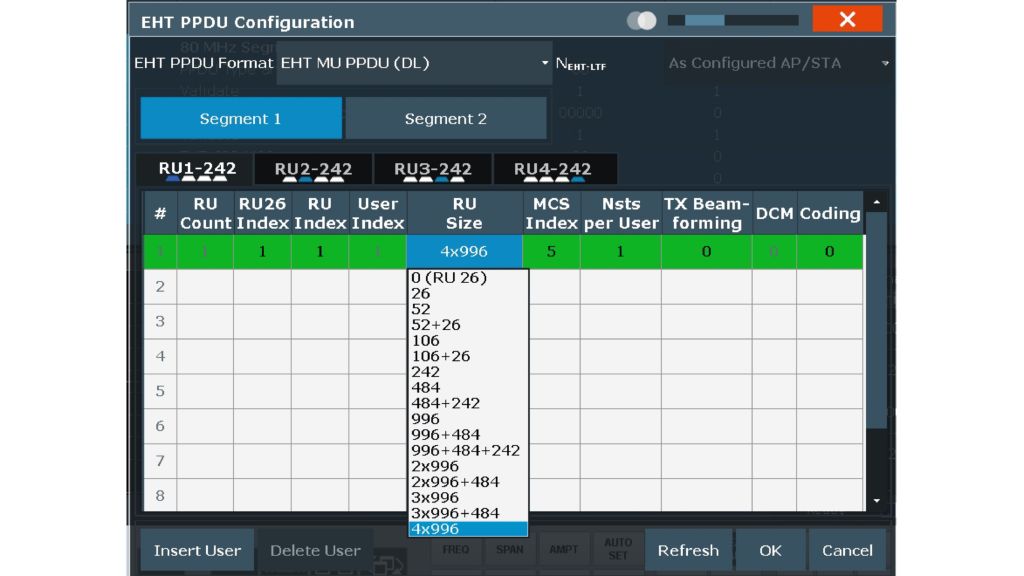 Menu for manual resource unit allcoation and user-specific indices