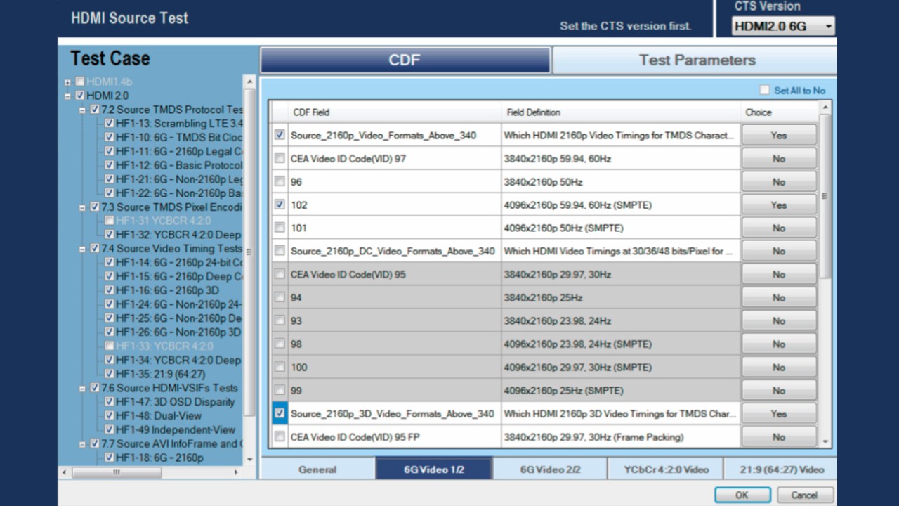 User interface for test case configuration setting; here an HDMI 2.0 6G testing example.