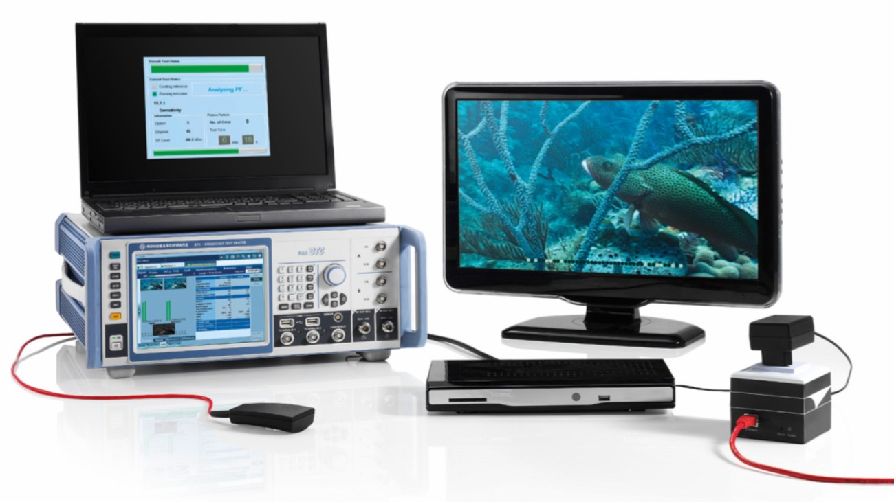 The setup consists of a laptop with the R&S®AVBrun software for testing the DUT, R&S®BTC and RedRat infrared sensor to remotely control the DUT and IP power control for power management of the DUT. The setup consists of a laptop with the R&S®AVBrun software for testing the DUT, R&S®BTC and RedRat infrared sensor to remotely control the DUT and IP power control for power management of the DUT.