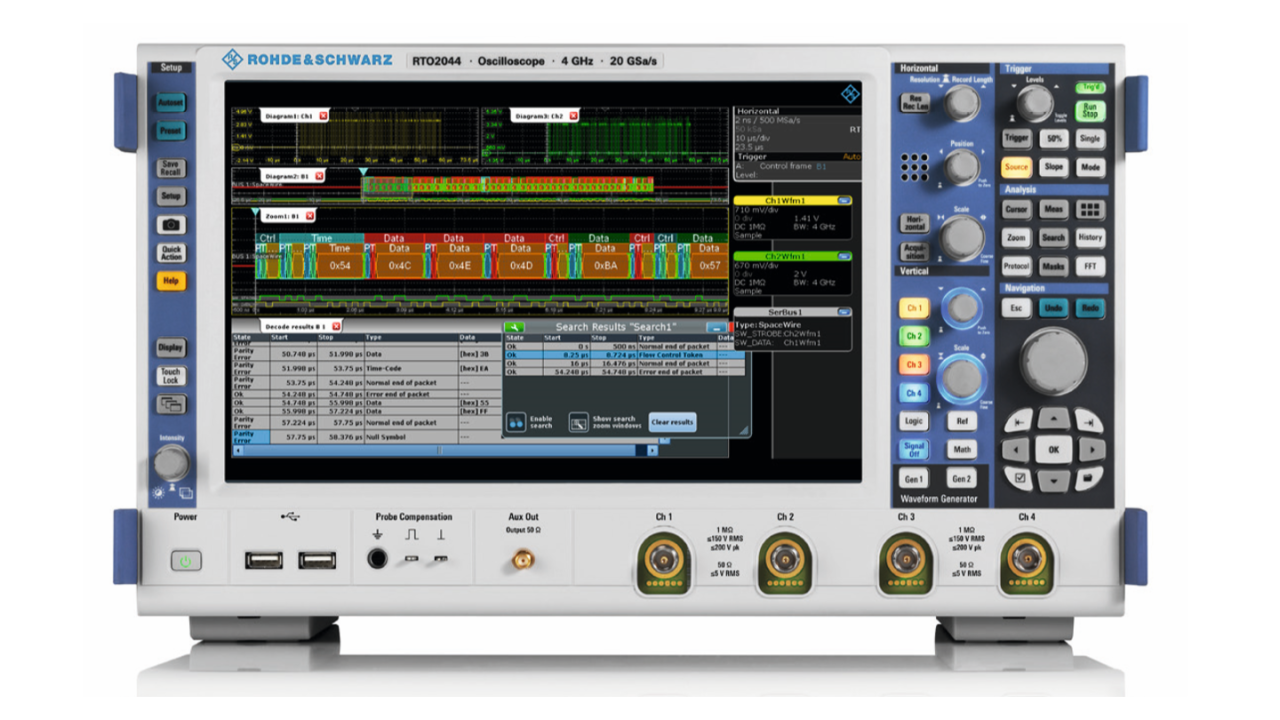 The R&S®RTO oscilloscope triggers and decodes continuous SpaceWire data streams.