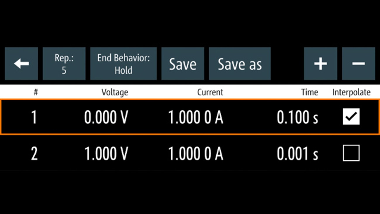 Example of the QuickArb editor interface in the R&S®NGM200 power supply series Example of the QuickArb editor interface in the R&S®NGM200 power supply series