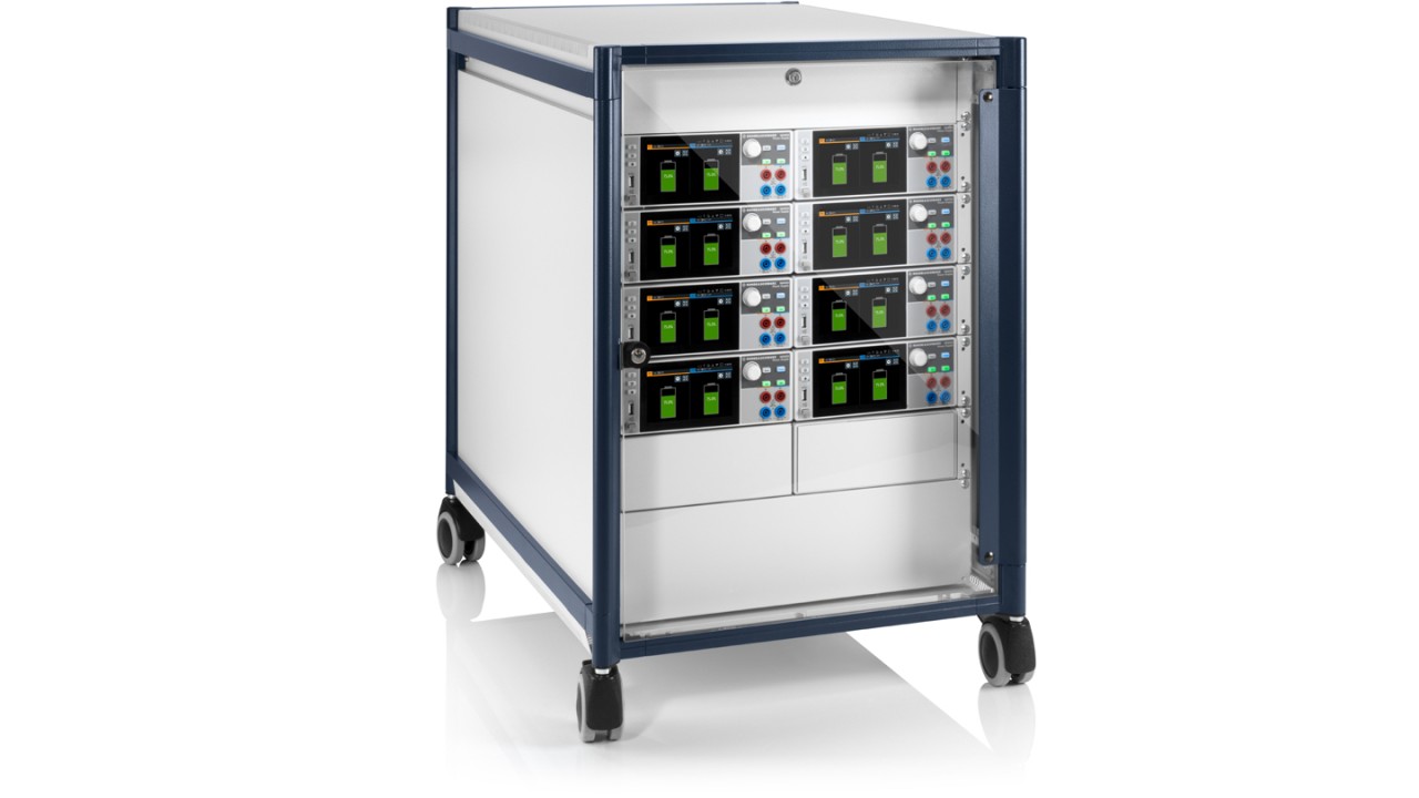 Arrangement with eight R&S®NGM202 two-channel power supplies for simulation of up to sixteen battery cells as used in a 48 V system