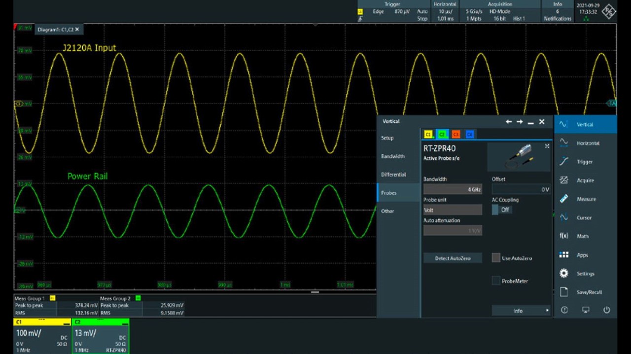 Automatic detection of the R&S®RT-ZPR20 power rail probe on the R&S®RTO2000 oscilloscope.