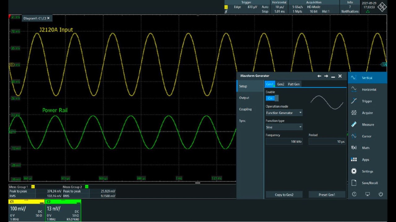 Pegelregelung der eingespeisten Stromschienen-Störaussendung auf 10 mV (eff.). Für eine höhere Auflösung kommt am Ausgang des R&S®RTP-B6 Wellenformgenerators eine 20-dB-Eichleitung zum Einsatz.