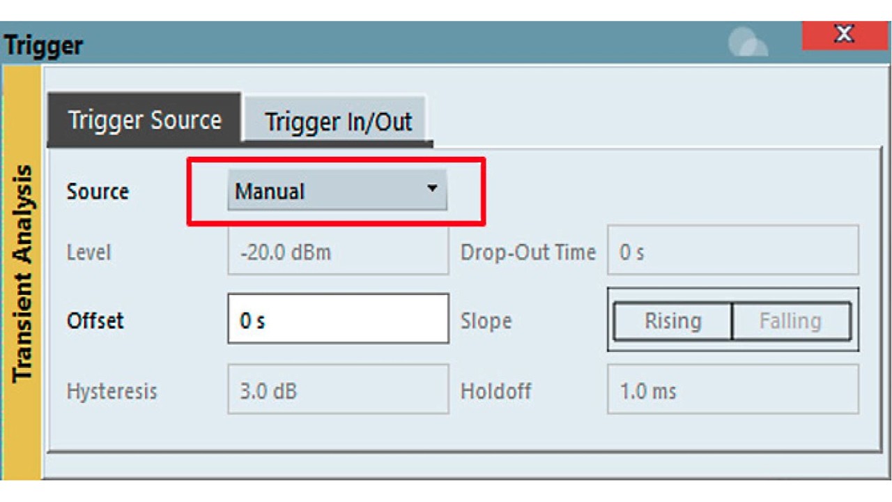 Fig. 1: Configuration of the manual trigger mode in R&S®VSE-K60 transient analysis option.