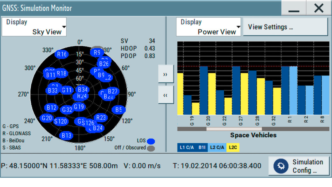 As constelações de GNSS e os níveis de potência do satélite podem ser observados no monitor integrado da simulação.