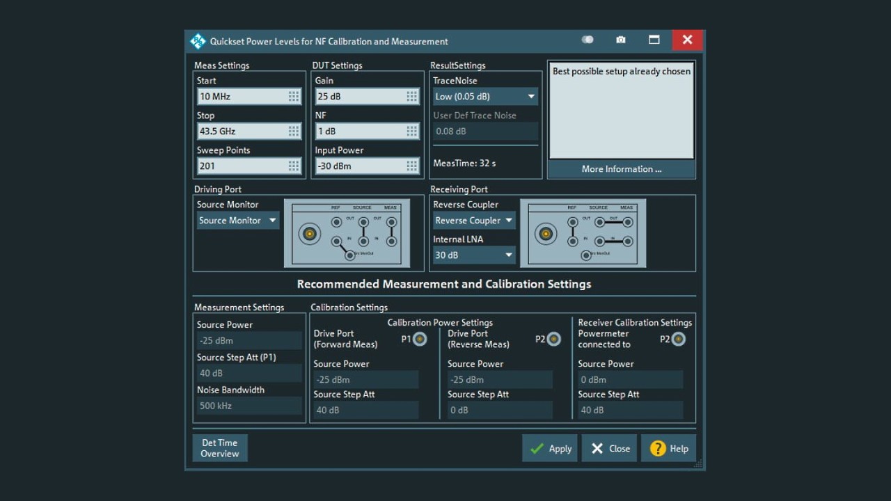 “Quickset” noise figure menu with recommendations for best measurement setup using available instrument hardware configurations and test conditions.