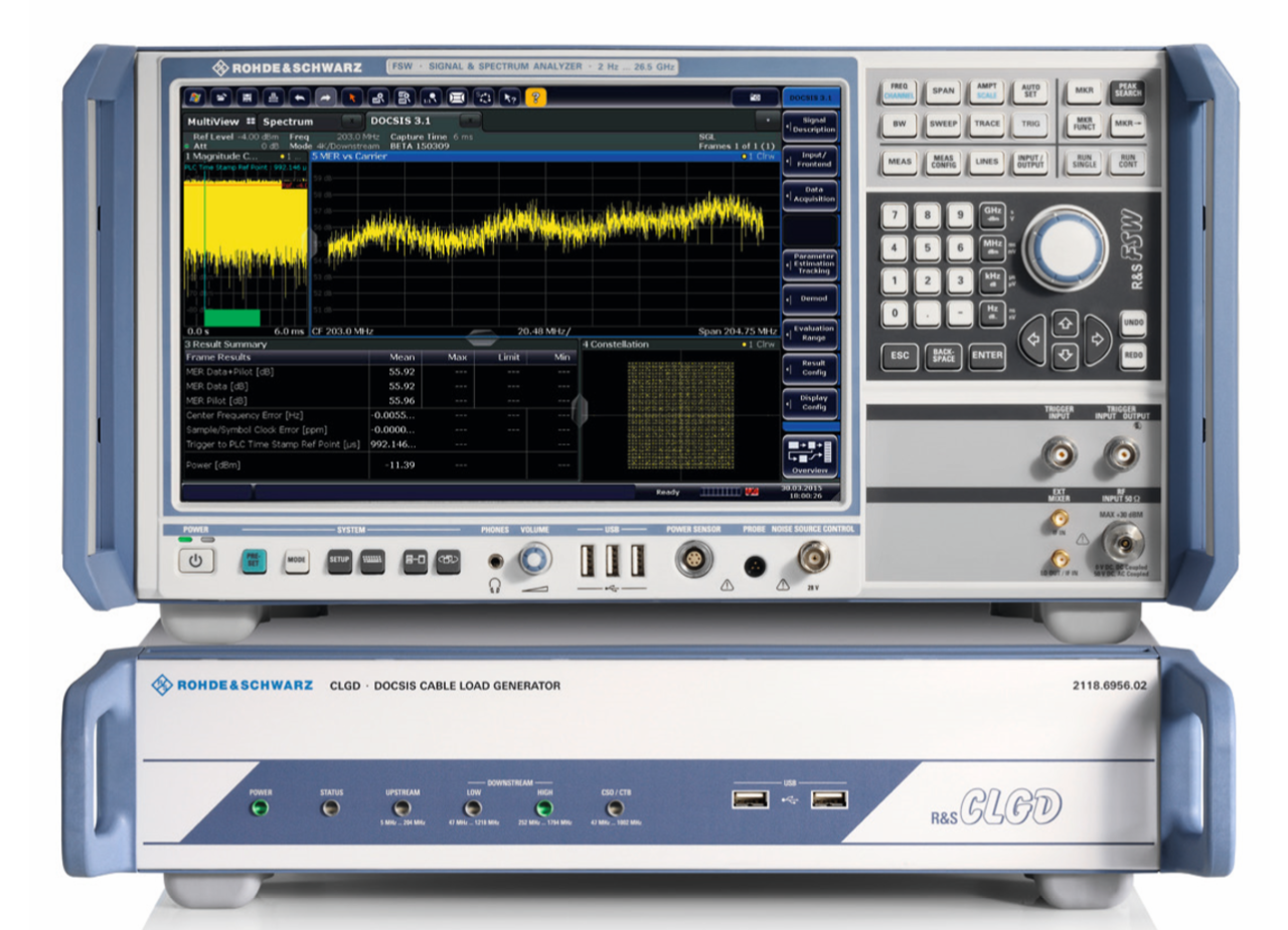 Analizzatore di spettro e segnali R&S®FSW con il generatore di carico per segnali via cavo DOCSIS R&S®CLGD.