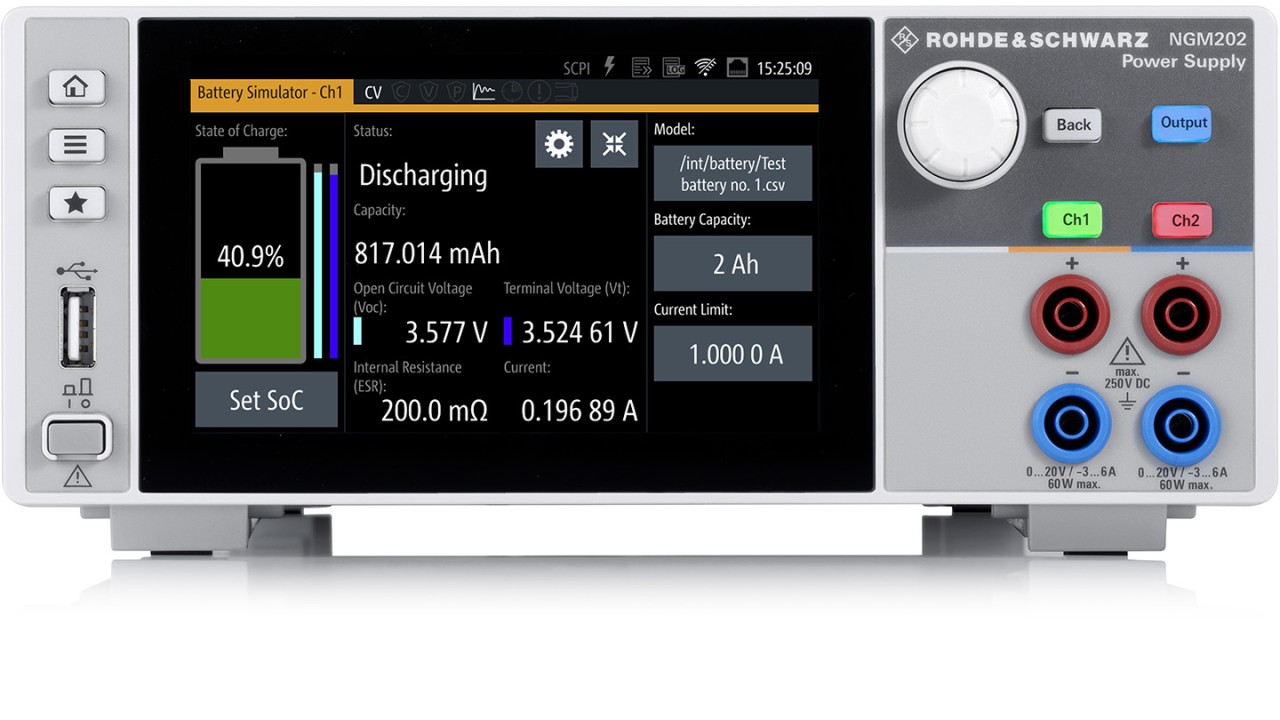 An R&S®NGM202 power supply in battery simulation mode. The battery’s key parameters are displayed on a single screen.