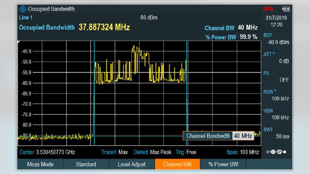 Figure 4: Occupied bandwidth of a 40 MHz 5G NR signal measured over the air with the R&S®Cable Rider ZPH cable and antenna analyzer